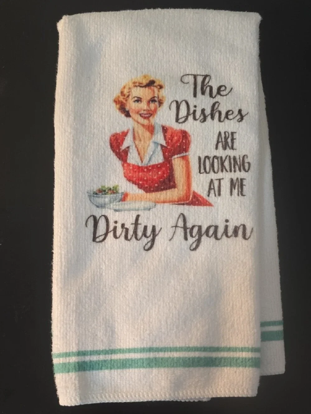 Set of Vintage-Style White Kitchen Towels with Teal Stripe and Retro Prints